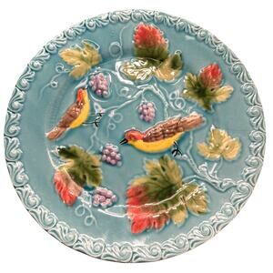 Vtg Majolica Birds and Berries Turquoise Plate #230 -Germany  9.5"